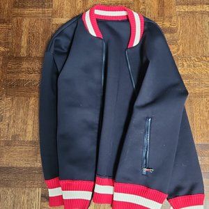 Moncler Mens Blue Zip-Up Sweater With Red and White Stripes